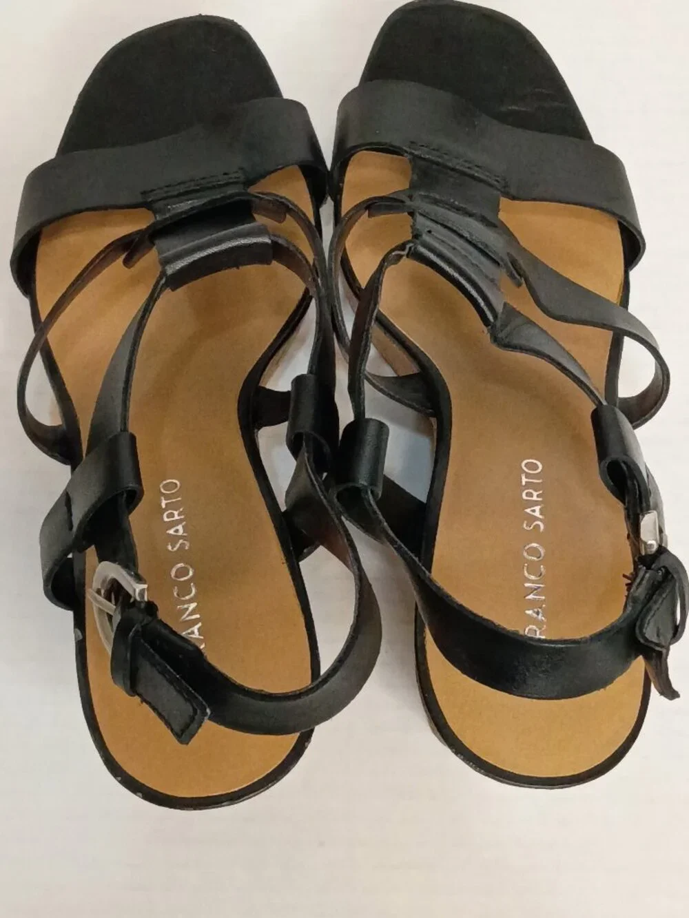 Franco Sarto Cera Black Leather Strappy Cork Wedge Sandals Size Women's 9.5 M